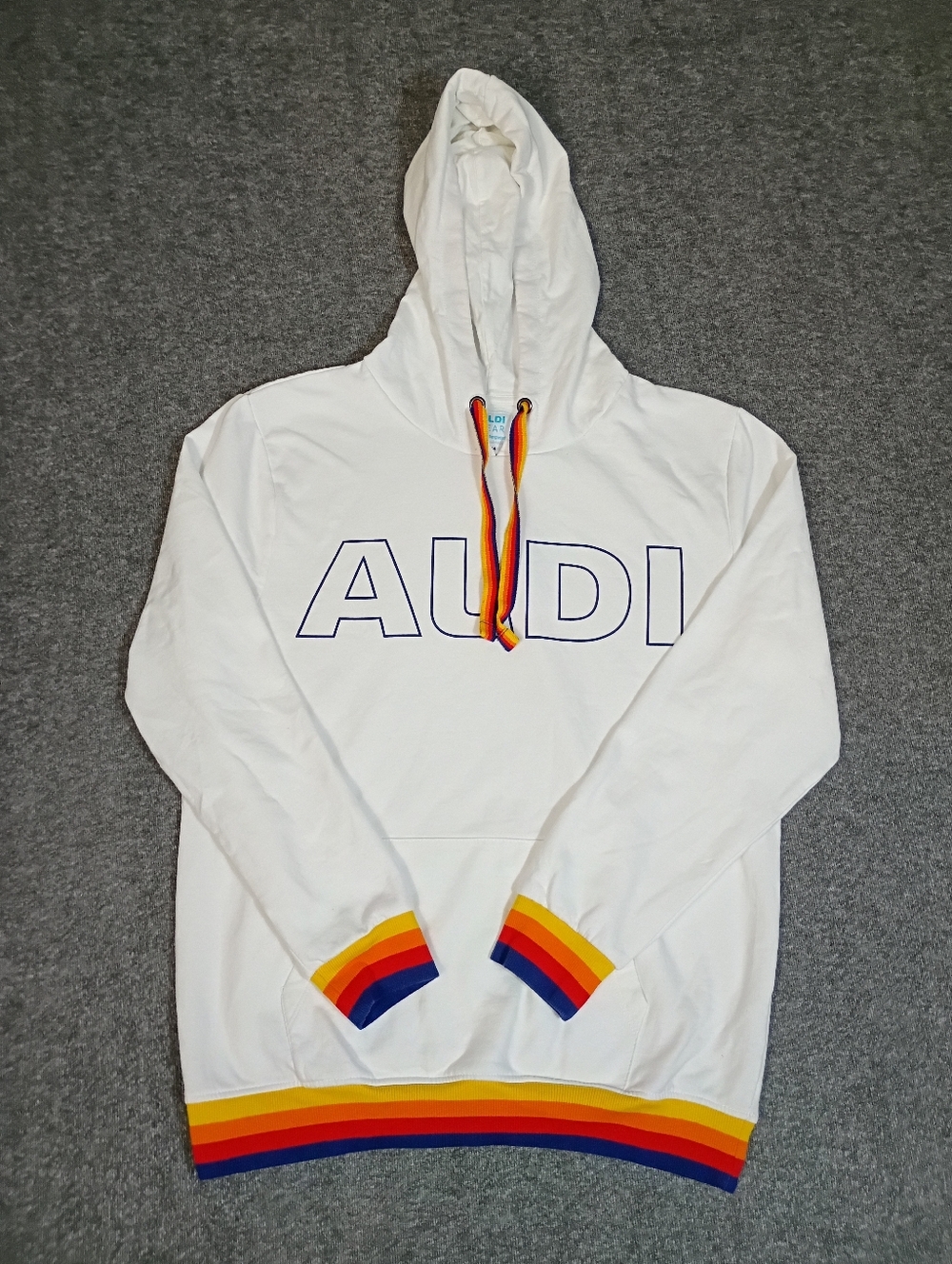 ALDI Gear Hoodie Mens Medium White Rainbow Trim Pullover Logo Sweatshirt